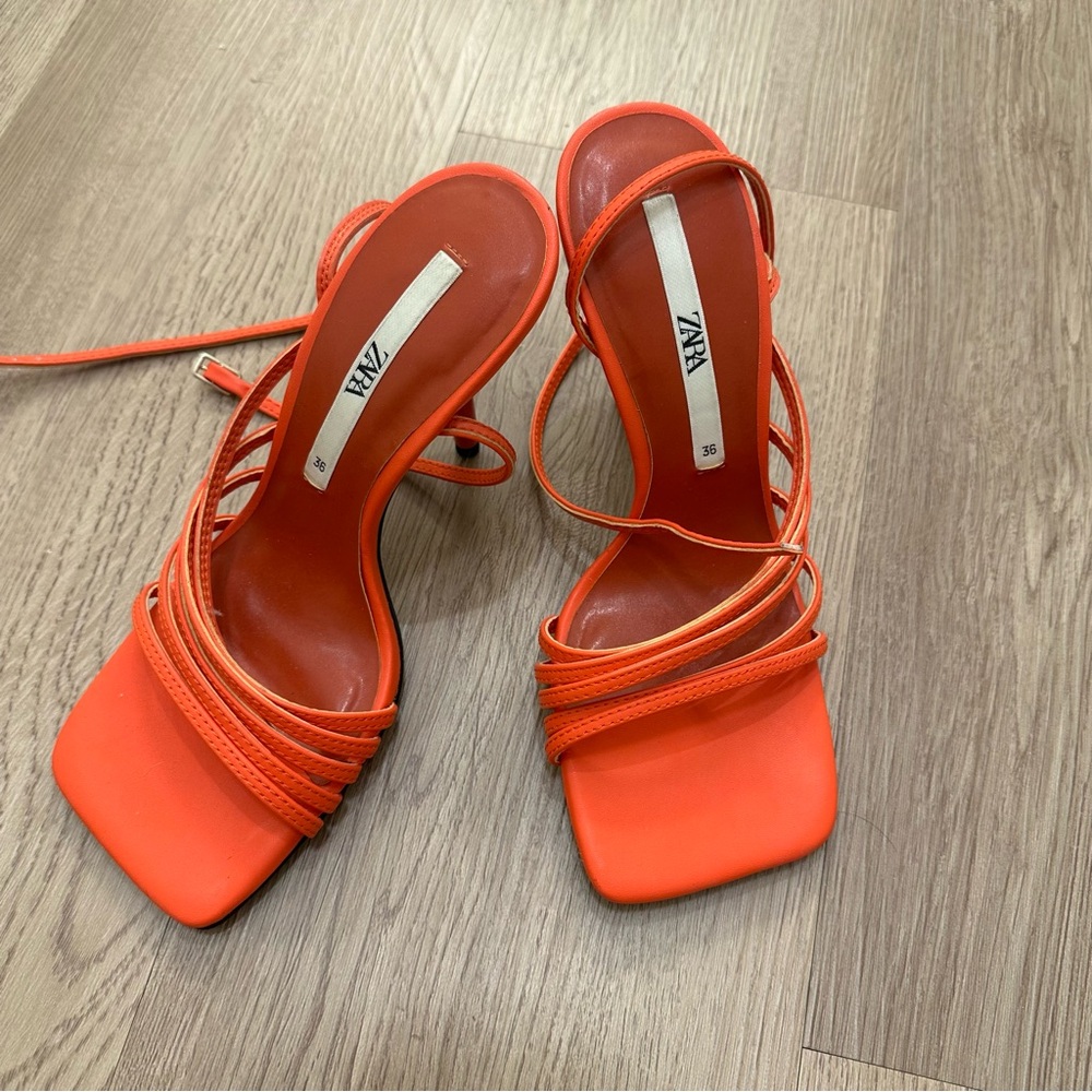 Zara Women's Bright Orange Heeled Sandals